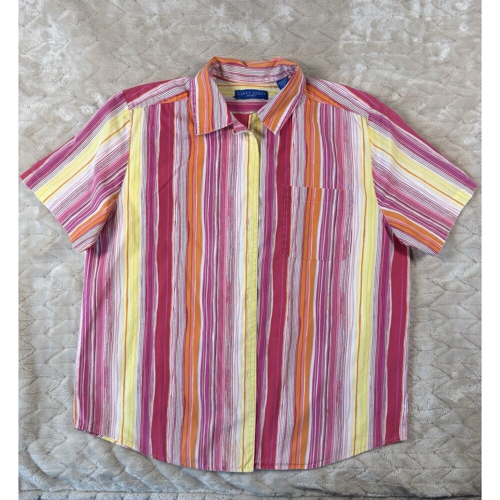 Karen Scott Sport Button Shirt Women M Pink Orange Stripe Cotton Y2K Preppy